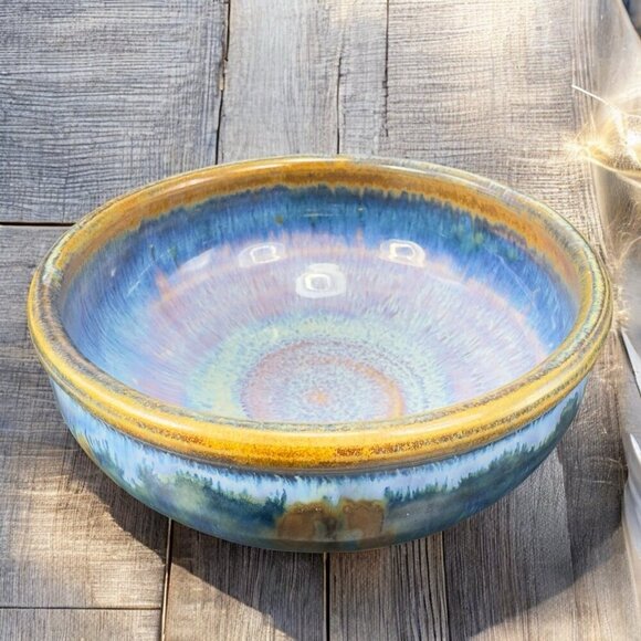 Hand Made Studio Art Pottery Dish Bowl Heavy Multicolor Drip Glaze Artist Signed - Picture 1 of 12